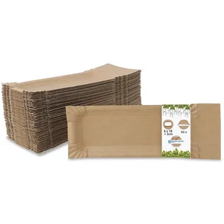 GREENBOX Pappteller mit Abriss eckig I Maße 8 x 18 + 3 cm Abriss I Imbissteller braun aus Recyclingkarton für Pommes Currywurst etc I recycelbar - umweltfreundlich I Pommesschalen 50 Stück