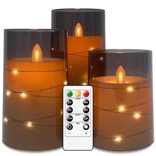 salipt LED Kerzen mit Lichterketten, Glaseffekt, Fernbedienung & Timer | Realistische Bewegliche Flamme, Batteriebetrieben, Flackernde Elektrische Kerze, 3er-Set 10,2/12,7/15,2 cm Hoch