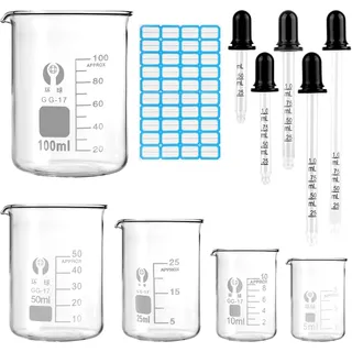 5 Stück Messbecher Klein 100ml 50ml 25ml 10ml 5ml, Becherglas mit Messskala, Borosilikatglas Mini Messbecher mit Graduierter Tropfer und Etikettenaufkleber, Becherglas für Labor