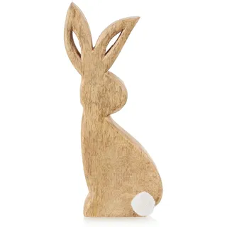 com-four® Deko-Hase aus Mangoholz, Holz-Osterhase zum Hinstellen | Aufsteller für Frühlings- und Osterdekoration - stilvolle Holzfigur mit Plüsch-Schwanz - elegantes Wohnaccessoire