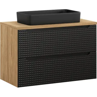 Waschtisch 90 cm in Eiche mit schwarz, LONDON-56-BLACK, mit Waschbecken - Schwarz