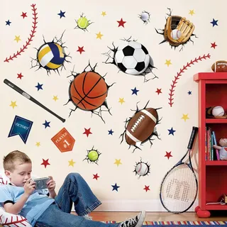 decalmile Wandtattoo 3D Fußball Durchbruch Junge Wandaufkleber Sport Bälle Basketball Wandsticker Kinderzimmer Babyzimmer Spielzimmer Wanddeko