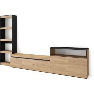 Skraut Home | Wohnwand Wohnzimmer | Wohnzimmermöbel, Möbelset | 310x186x35cm | Für TV-Geräte bis zu 65" | Wohnzimmer Möbel | Moderner Stil | Eiche Schwarz