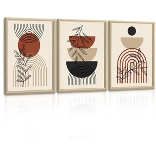 3Pcs Boho Beige Orange Geometrisch Linie Leinwandbilder Bilder Set mit Rahmen Ästhetisch Schwarz Blatt Bilder Moderne Wandbilder Schlafzimmer Bild Auf Leinwand Kunstdruck Deko für Wohnzimmer 30x40cmx3