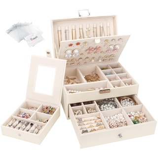 Schmuckkästchen mit 2 Ebenen mit Schubladen, Groß PU Leder Schmuckbox mit tragbarem Reise Schmuckkasten, Schmuckschatulle Damen Mädchen für Ringe, Ohrringe, Armbänder, Halsketten, Beige