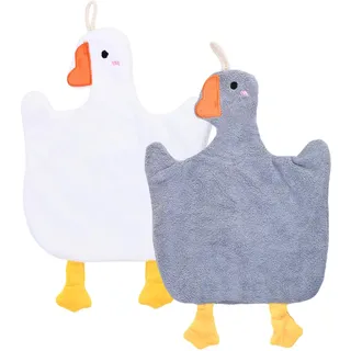 2er-Pack Kinderhandtücher, Handtücher, Küchentücher, niedliches Entenmuster, mit Aufhängeschlaufe, aus Korallenfleece, schnelltrocknend, geeignet für Bad und Küche, zum Händetrocknen (grau + weiß)