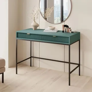 Schminktisch Kioto 104 cm Grün & Schwarz – Rillenfront, Goldene Griffe, 2 Schubladen, Modern - Grün, Schwarz