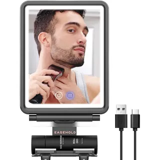 EASEHOLD Beschlagfreier Duschspiegel, Led Rasierspiegel für Dusche mit Rasierklingenhalter, 3 einstellbare Lichtfarben, Wiederaufladbarer Akku, Anti-Beschlag Badezimmer Spiegel mit Touch-Taste