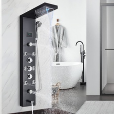 Duschsäule Schwarz LED Duschpaneel für Badezimmer Hydromassage Multifunktionales Duschsystem Wandsäule 6 große Massagedüsen Hevenaov