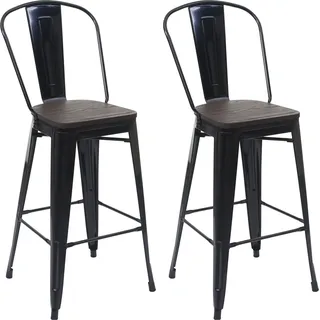 2er-Set Barhocker HWC-A73 inkl. Holz-Sitzfläche, Barstuhl Tresenhocker mit Lehne, Metall Industriedesign schwarz - Schwarz