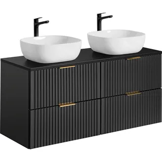 Badezimmerschrank 120 cm schwarz matt mit Arbeitsplatte und zwei Aufsatzwaschbecken - Schwarz