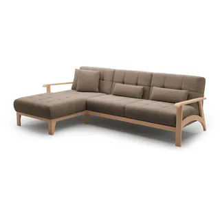 Cavadore Ecksofa Billan / Schlafsofa im skandinavischen Design mit Longchair, Bett und massivem Holzgestell in Buche / 264 x 88 x 183 / Flachgewebe, Braun