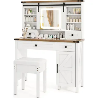 COSTWAY Schminktisch Frisiertisch Kosmetiktisch mit Hocker, LEDs, 3 Farben mit einstellbarer Helligkeit, Schiebespiegel, Schrank & Schubladen weiß - Weiß, Braun