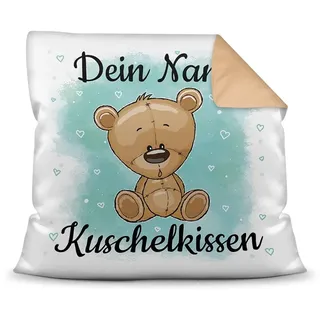 Print Royal Kissen mit Füllung für Kinder - Tiermotiv Teddy - für Mädchen und Jungs - mit Wunschname beschriften - Teddy braun - Farbkissen Rückseite Beige, 40 x 40 cm