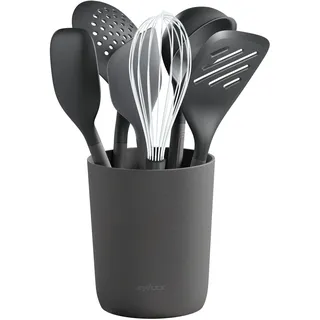 Zyliss E980244 7-teiliges Küchenhelfer-Set mit Aufbewahungsbehälter, Silikon/Nylon/Weizenstroh/Edelstahl, Grau, Schöpfkelle, Pfannenwender, Spatel, Kochlöffel, Schaumlöffel, Schneebesen
