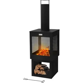 Gartenkamin mit Schornstein 128x40 cm eckig, Stahl, Outdoor Gartenofen, Terrassenofen mit Schürhaken, abnehmbarem Dach, Holzablage, Terrassenkamin Feuerschale/Feuerkorb für Garten & Camping