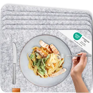 Miqio® - Design Tischset aus Filz | Marken Label aus echtem Leder | 6er Set Platzset (grau meliert) abwaschbar | Filzmatte Tisch Untersetzer Platzdeckchen abwischbar
