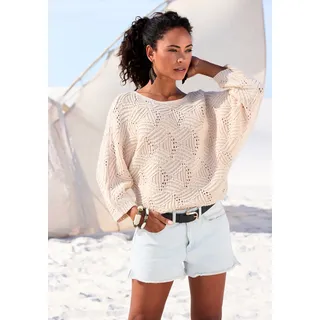 Fledermauspullover LASCANA "mit aufwendigem Strickmuster, Lochstrickmuster", Damen, Gr. 40/42, beige, Strick, Obermaterial: 60% Baumwolle, 40% Polyacryl, unifarben, figurumspielend hüftlang, U-Boot-Ausschnitt, Fledermausärmel, Pullover Fledermauspullover, modischer Ajourpullover, Oversize-Pullover, Strickpullover, Frühling