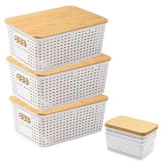 3 Stück Aufbewahrungsbox Mit Bambus Deckel,5L Kunststoff Bad Organizer Klein Aufbewahrungskorb Mit Griff,Stapelbar Kisten Aufbewahrung Mit Deckel Für Küche Badezimmer Schlafzimmer Balkon Regale(Weiß)
