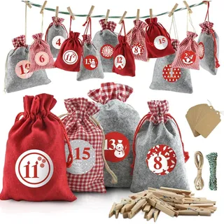 Dusor Adventskalender Stoffbeutel Filzbeutel 24 Adventskalenderzahlen - Rot