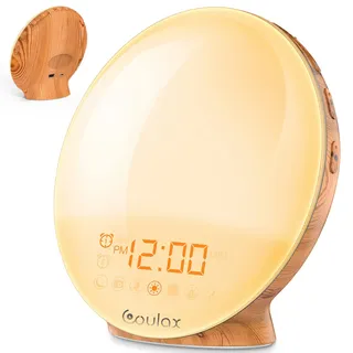 COULAX Wake Up Licht Lichtwecker Holzoptik Tageslichtwecker Licht Wecker mit 2 Weckzeiten 7 Naturgeräuschen und UKW-Radio Snooze Wake Up Light Alarm Clock für Erwachsene & Kinder