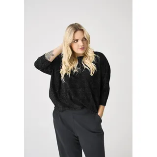 Oversize-Shirt ONLY CARMAKOMA "CARSILVERY GLAMOUR LUREX 3/4 TOP NOOS", Damen, Gr. S, schwarz (schwarz detail:silber lurex), Jersey, Obermaterial: 60% Polyester, 24% Viskose, 16% metallisierte Fasern, unifarben, regular fit hüftbedeckend, Rundhals, Shirts Oversize-Shirt