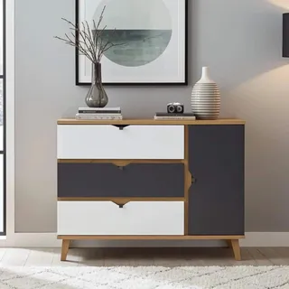 RAVIO Kommode Aster K1D3SZ Sideboard für Jugendzimmer Metallgriffe Breite 120 cm (Goldene Eiche / Graphit + Weiß) - Braun, Weiß, Grau