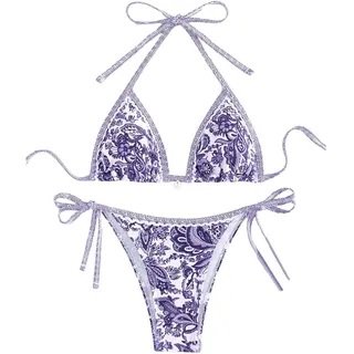 BYFINECANY Damen-Badeanzug, Blumenmuster, Neckholder, Paisleymuster, Sommer-Badeanzug, Bikinis-Set, Violett, S