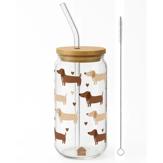 frechdachshund Dackel Glas Mit Deckel und Strohhalm - 500ml - Gläser Mit Holzdeckel, Trinkglas mit Halm und Bambusdeckel für jede Art von Heiß- und Kaltgetränken