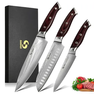 SANHUI 3er Damastmesser Set,Küchenmesser Set aus 67 Lagen Damaststahl mit Pakkaholzgriff,Profi Damast Messer Set in Geschenkbox – Ideal für Profiköche und Hobbyköche