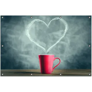 Wallario Outdoor-Poster für Garten oder Balkon, Motiv Tasse mit Kaffee - herzförmiger Dampf, in ca. 100 x 150 cm - Blau