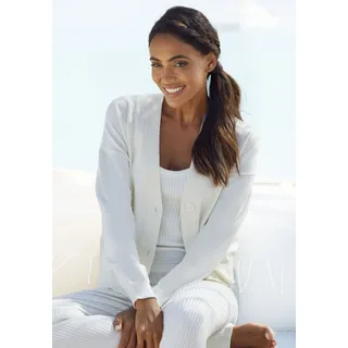 Strickjacke LASCANA, Damen, Gr. 44/46, beige (cream), Obermaterial: 50% Viskose, 28% Polyester, 22% Nylon, unifarben, Basic, bequem hüftlang, Rippbündchen, Strickjacken Strickjacke, in kurzer Form, Loungewear