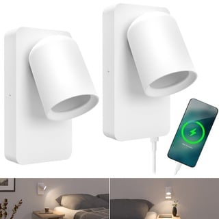 SSC-LUXon NERU Design Nachttischlampe Wand 2er Set weiß - moderne Wandlampe innen inkl. USB Ladestation, und Schalter, für GU10