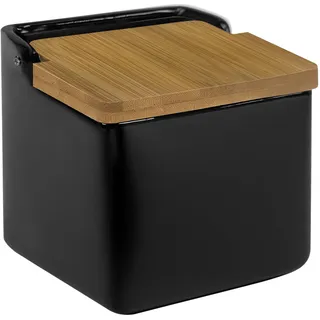 TIENDA EURASIA Salzstreuer aus Keramik mit Deckel, originelles und modernes Design, Deckel aus Bambusmaterial, mattschwarz, 12,2 x 12,2 x 11,5 cm, leicht zu reinigen