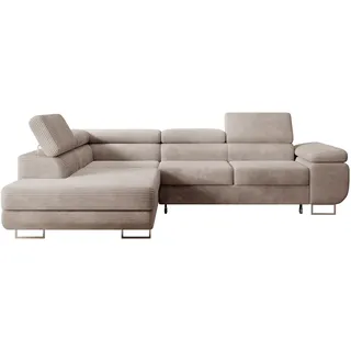 Selsey Ecksofa L-Sofa mit Schlaffunktion, Bettkasten, Ottomane links, Cordbezug Dunkelbeige