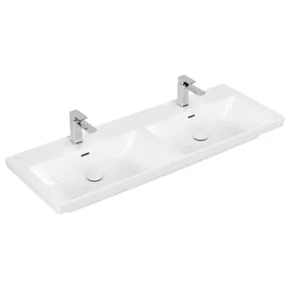 Villeroy & Boch Subway 3.0 Schrank-Doppelwaschtisch, 2 Hahnlöcher, mit Überlauf, ungeschliffen, 1300x475mm, 4A71D5R1, Farbe: Weiß CeramicPlus