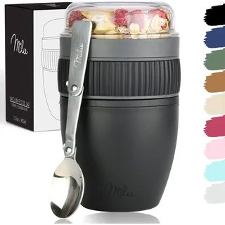 Milu Müslibecher to go 400ml MüsliMax Plastik Joghurtbecher für Müsli I auslaufsicherer Becher mit Löffel für Yoghurt/Porridge (Schwarz)