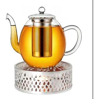 Creano Teekanne aus Glas 1,5l + EIN Stövchen aus Edelstahl, 3-teilige Glasteekanne mit integriertem Edelstahl Sieb und Glasdeckel, ideal zur Zubereitung von losen Tees, tropffrei