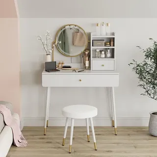 Vicco Schminktisch Mirela, 90 cm mit LED-Spiegel und Hocker, Weiß - Weiß