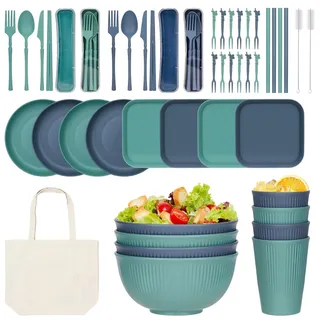 WUSUPU Camping Geschirr Set,55 Teiliges Unzerbrechliches Geschirr Set,Wiederverwendbar Camping für 4 Personen Plastikgeschirr Picknick Leicht Bunt Grill Kunststoff Servierteller Schüsseln Besteck