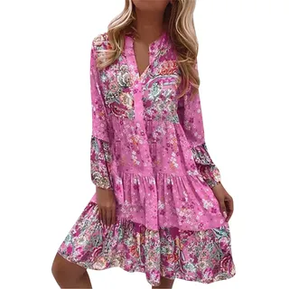Viunychn Sommerkleid Damen Knielang Festliche Elegant Boho Kleider Leicht und Luftige ltalienische Strandkleider Sommer Kurz Midi Blumenkleid Blusenkleid Tunikakleid Freizeitkleider