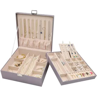 ProCase Schmuckschatulle Damen Leder, Schmuckkästchen mit 2 Ebenen Schmuckkasten Schmuckkoffer Schmuckaufbewahrung Schmuckbox Jewelry Box für Ringe, Ohrringe, Halsketten, Armbänder -Silber