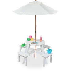 Bild Kindersitzgruppe für draußen, runde Tischplatte, für 4 Kinder, Garten Picknicktisch mit Schirm, Holz, weiß, 56 x 112 x 112 cm