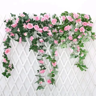 JUSTOYOU 2 Pack 7.2ft Künstliche Fake Rose Girlande Reben Hängende Seide Blumen für Outdoor Indoor Hochzeit Wand Badroom Dekoration (Rosa)