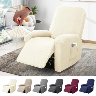 BOYIFEIJIE 1-Sitzer Sessel Überzug, Sesselbezuge Stretch mit Taschen, All-Inclusive Streifen-Jacquard Sesselschoner für Fernsehsessel Relaxsessel Sesselhusse (Beige, 4-Teilig)