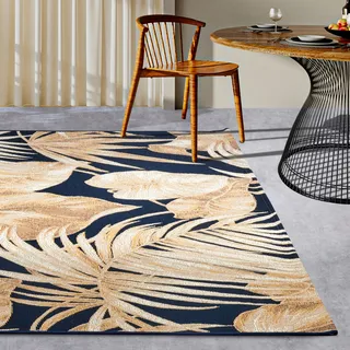 Villeroy & Boch Outdoorteppich VILLEROY & BOCH "Oktavie", blau (dunkelblau,gold), B:200cm H:3mm L:285cm, Polyester, Polypropylen, Teppiche, Outdoorteppich, Outdoor, Flachgewebe, wetterfest, Balkon, Garten, floral, Terrasse