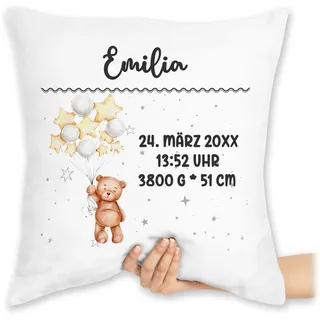 Kissen 40x40 Zierkissen - Geburtsgeschenk Teddy Bär Datum Uhrzeit Gewicht Größe I Geschenk zur Geburt personalisiert - 40 x 40 cm - Weiß - personalisierte Babygeschenk neugeboren geburtsdaten
