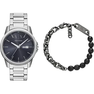Armani Exchange Herren Silberfarbene Edelstahl Uhr und Armband Gunmetal, Set