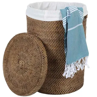 Rattan Wäschekorb Cleo Wäschebox Wäschsammler Aufbewahrung rund mit Deckel und Innensack Ø40 cm x Höhe 60 cm Größe XL LOM20023
