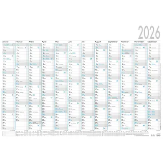 Zettler Plakatkalender 12 Monate auf 1 Seite, 5 Spalten für Urlaubsplanung, Tages-, Wochen- & Arbeitstagezählung, Ferien, schwarz/blau